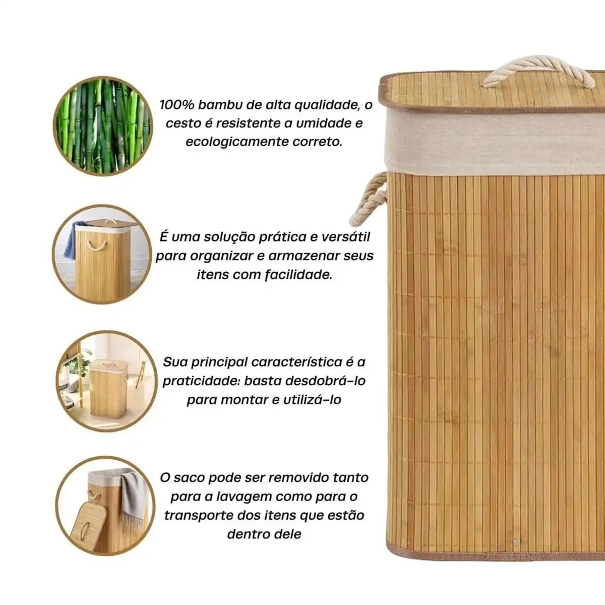🌿 Cesto de Roupas Sujas Retangular Forrado – Banheiro e Lavanderia