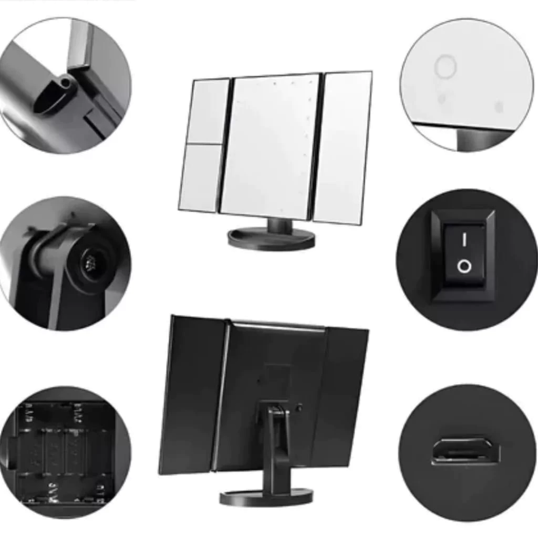 Espelho Maquiagem Camarim Dobrável Touch Triplo Zoom 16 Luzes LED