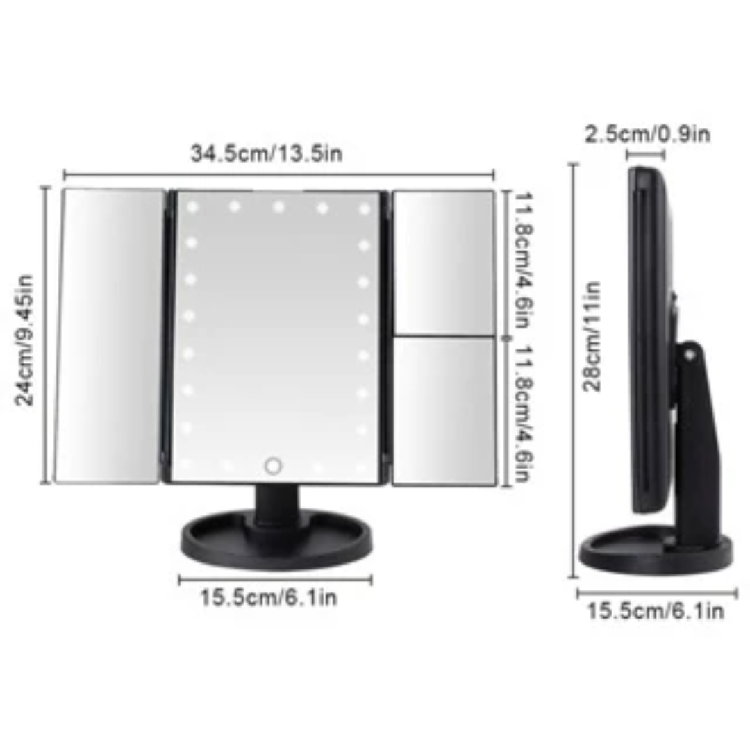 Espelho Maquiagem Camarim Dobrável Touch Triplo Zoom 16 Luzes LED