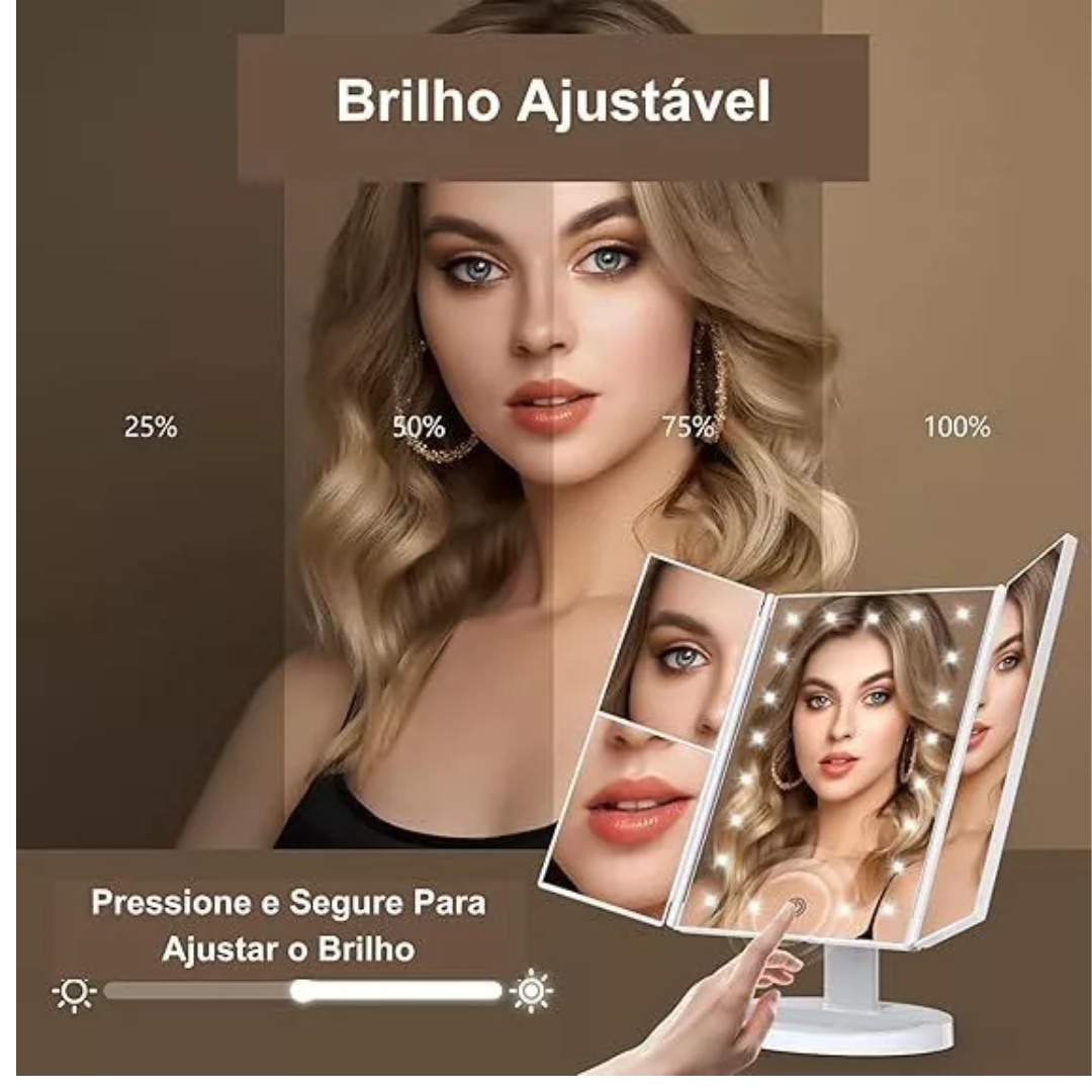 Espelho Maquiagem Camarim Dobrável Touch Triplo Zoom 16 Luzes LED