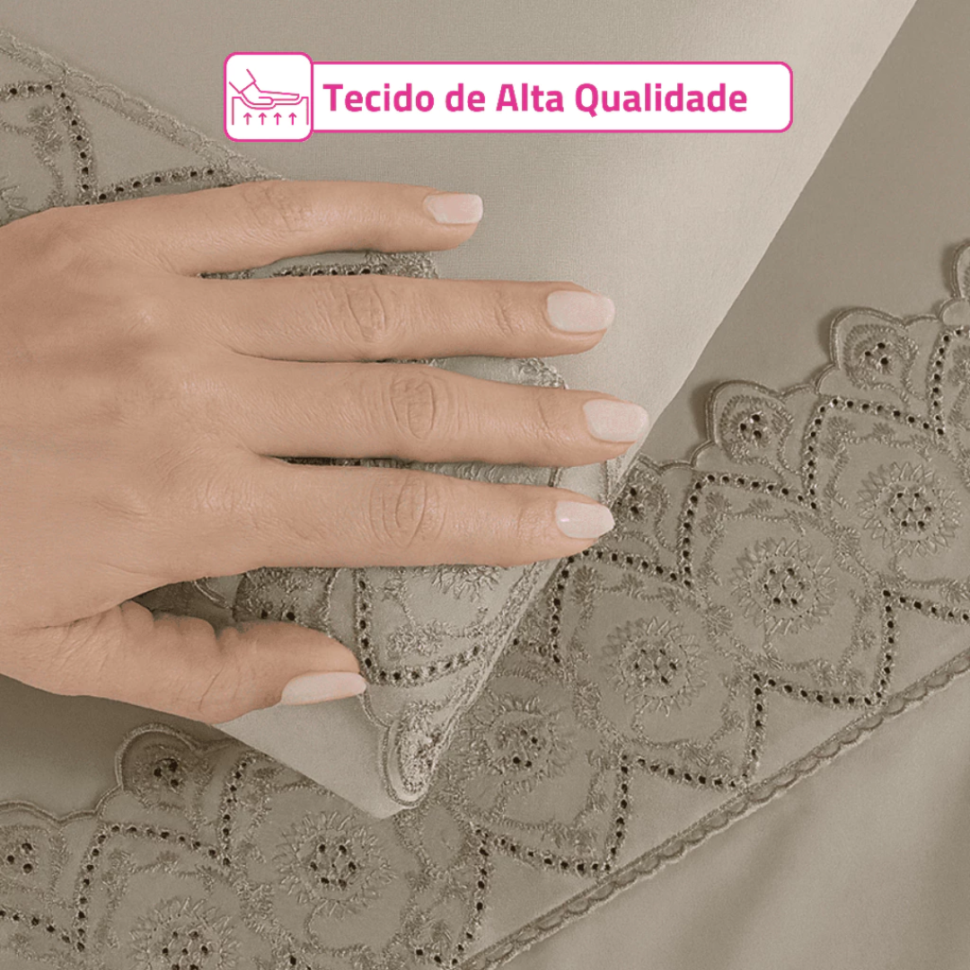 Jogo de Lençol 4 Peças Casal King/Queen Size 200 Fios Bordado Inglês