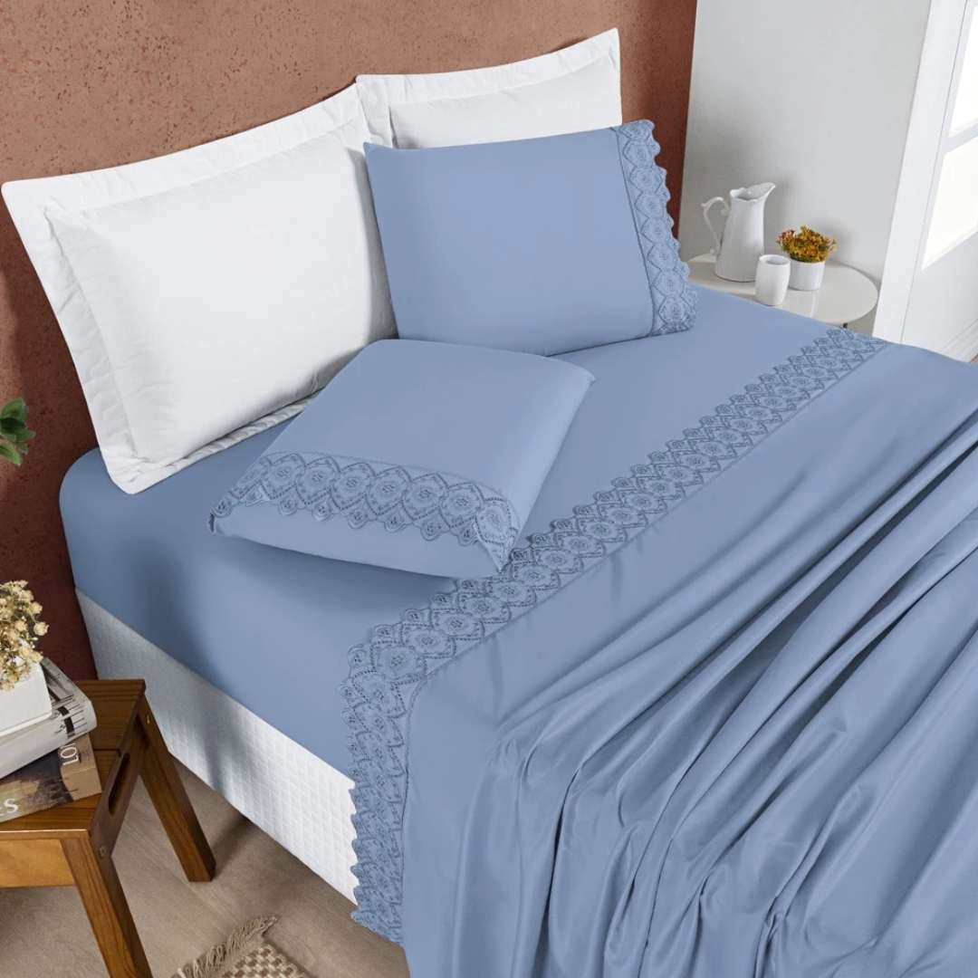 Jogo de Lençol 4 Peças Casal King/Queen Size 200 Fios Bordado Inglês