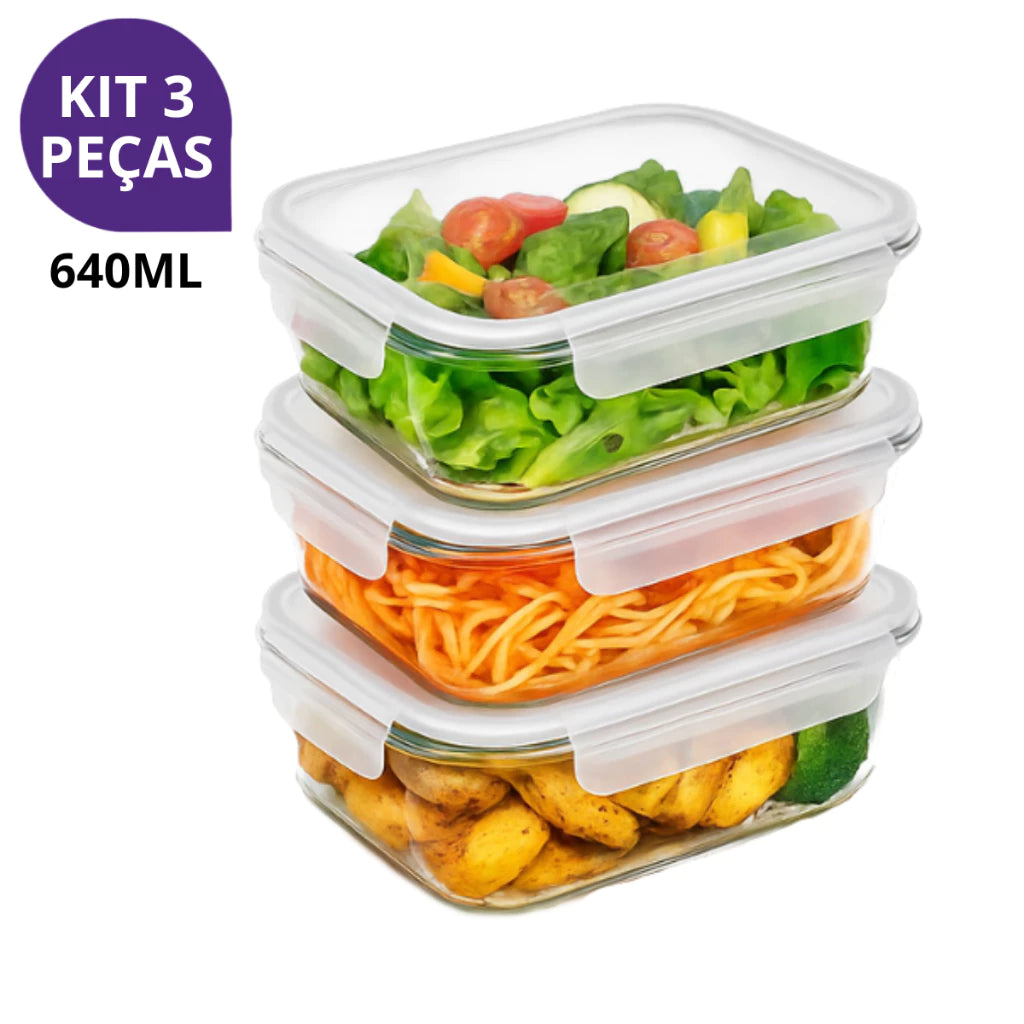 Kit 3 Potes Hermético Vidro Tampa 4 Travas Fitness Premium