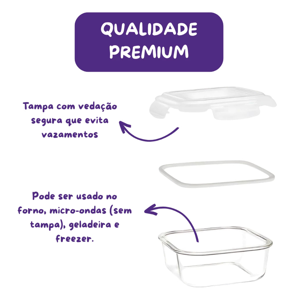 Kit 3 Potes Hermético Vidro Tampa 4 Travas Fitness Premium