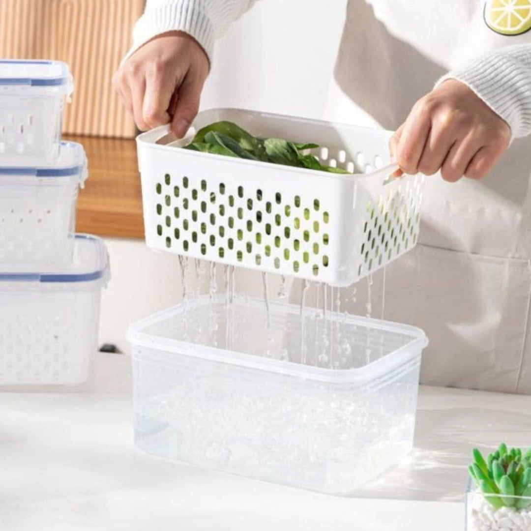 Kit 3 Organizadores de Geladeira Potes Herméticos com Cesto Escorredor Organização Alimentos Cozinha