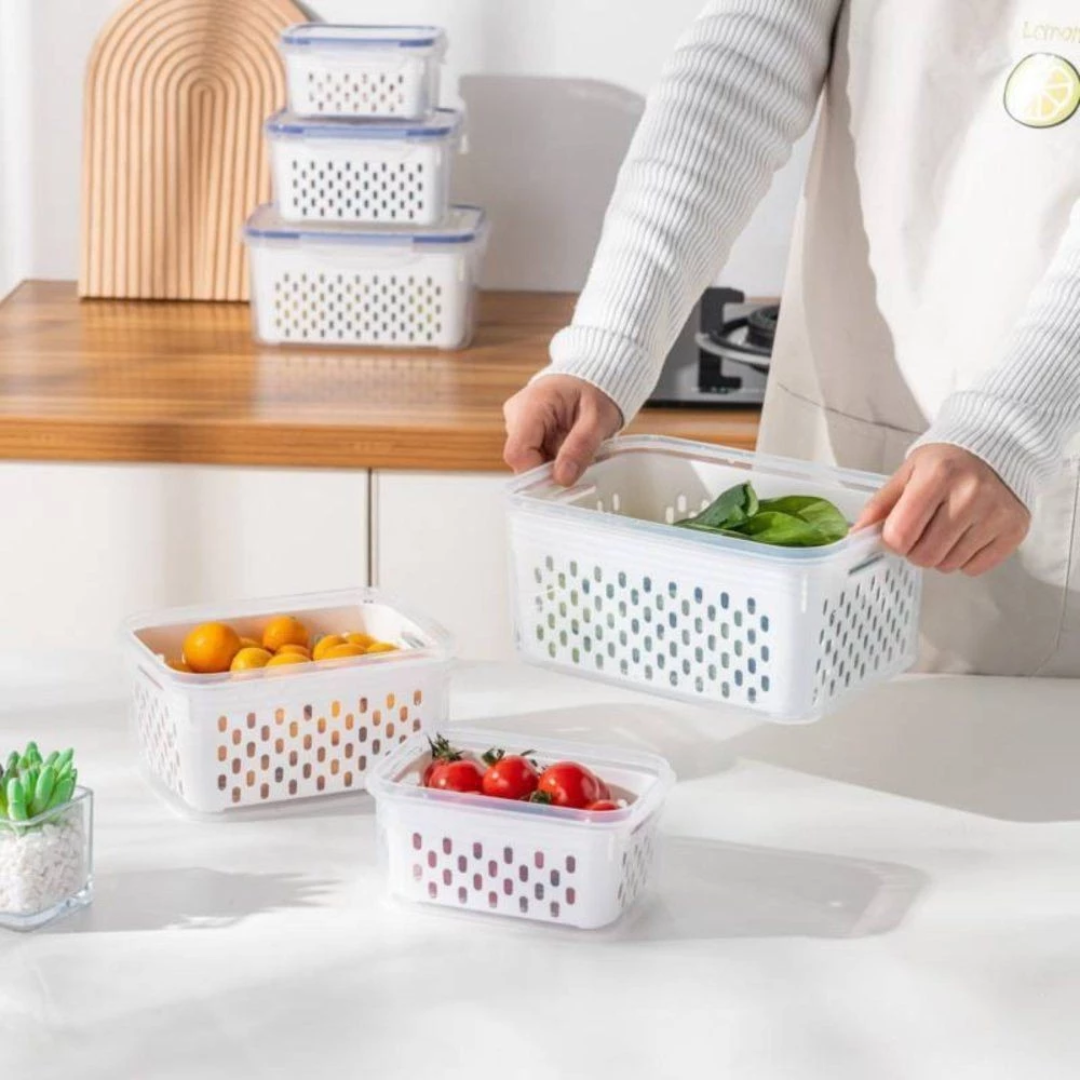 Kit 3 Organizadores de Geladeira Potes Herméticos com Cesto Escorredor Organização Alimentos Cozinha