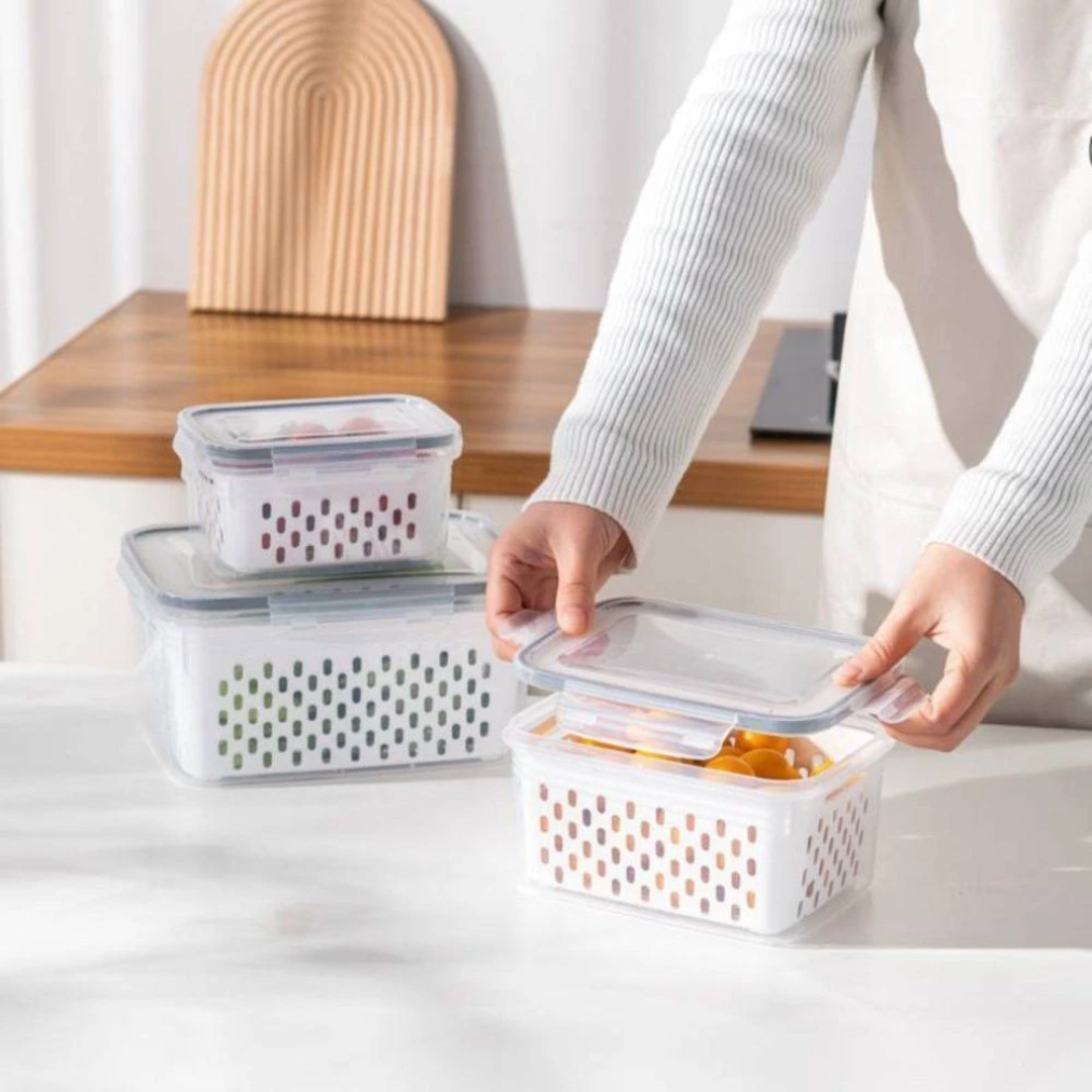 Kit 3 Organizadores de Geladeira Potes Herméticos com Cesto Escorredor Organização Alimentos Cozinha