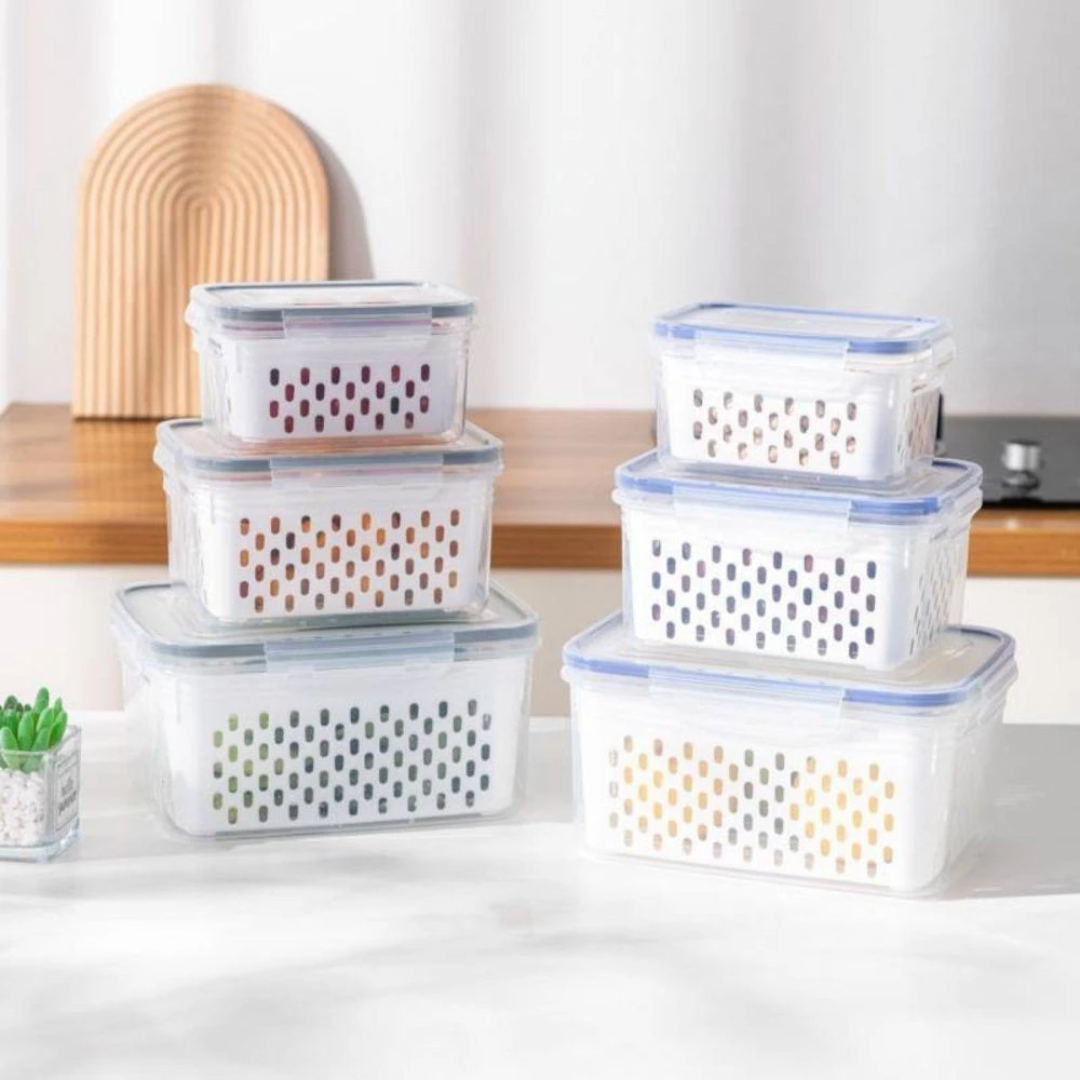 Kit 3 Organizadores de Geladeira Potes Herméticos com Cesto Escorredor Organização Alimentos Cozinha