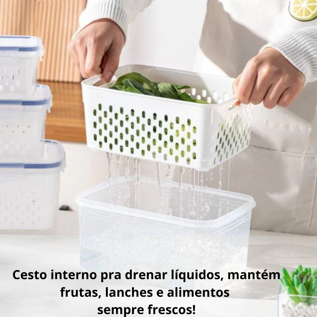 Kit 3 Organizadores de Geladeira Potes Herméticos com Cesto Escorredor Organização Alimentos Cozinha