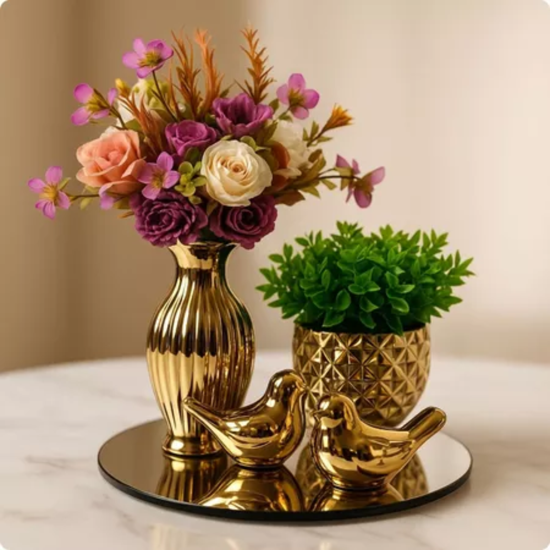 Kit Decoração Mesa Centro com Vaso Dourado com Flores