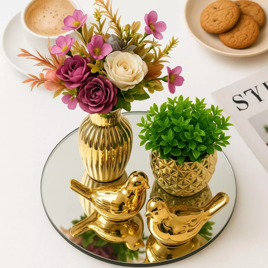 Kit Decoração Mesa Centro com Vaso Dourado com Flores