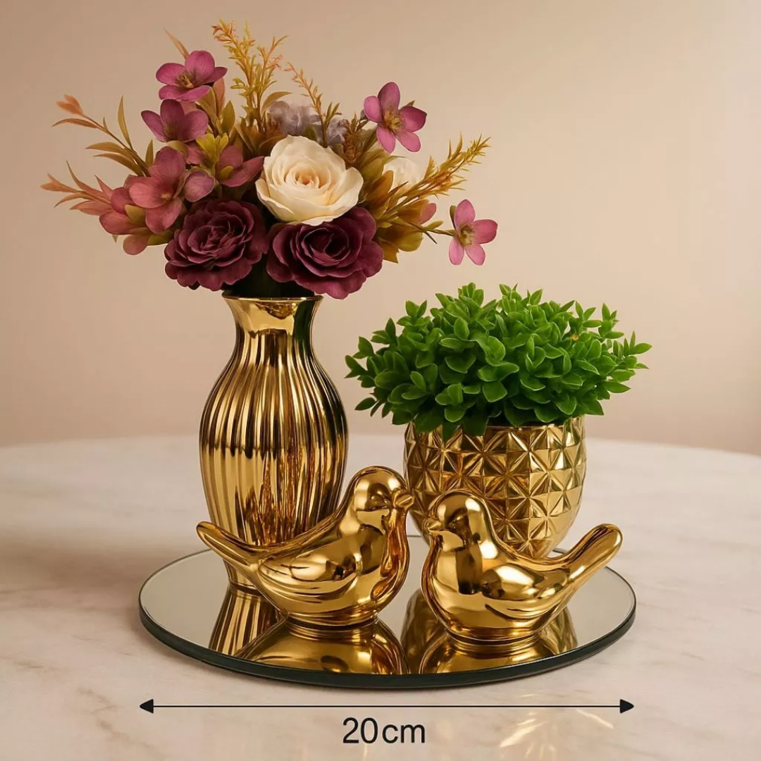 Kit Decoração Mesa Centro com Vaso Dourado com Flores