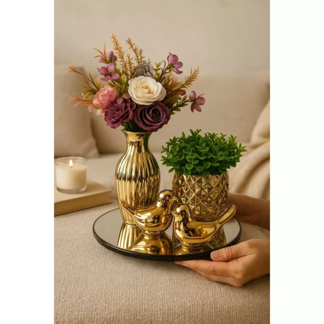 Kit Decoração Mesa Centro com Vaso Dourado com Flores
