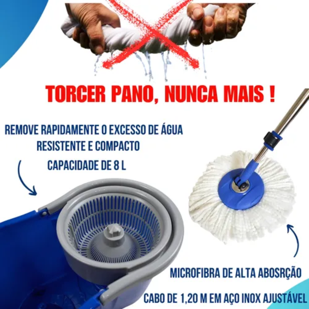 Mop Giratorio Com cabo Cesto Em Inox Balde Centrífuga E Rodinhas - Com 2 Refil