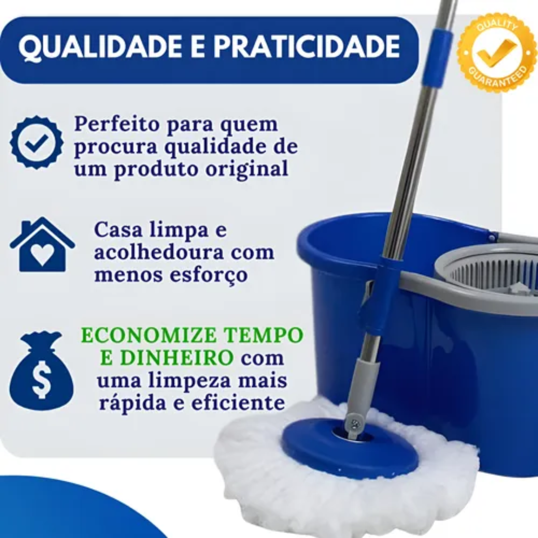 Mop Giratorio Com cabo Cesto Em Inox Balde Centrífuga E Rodinhas - Com 2 Refil