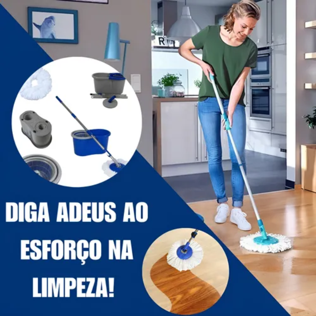 Mop Giratorio Com cabo Cesto Em Inox Balde Centrífuga E Rodinhas - Com 2 Refil