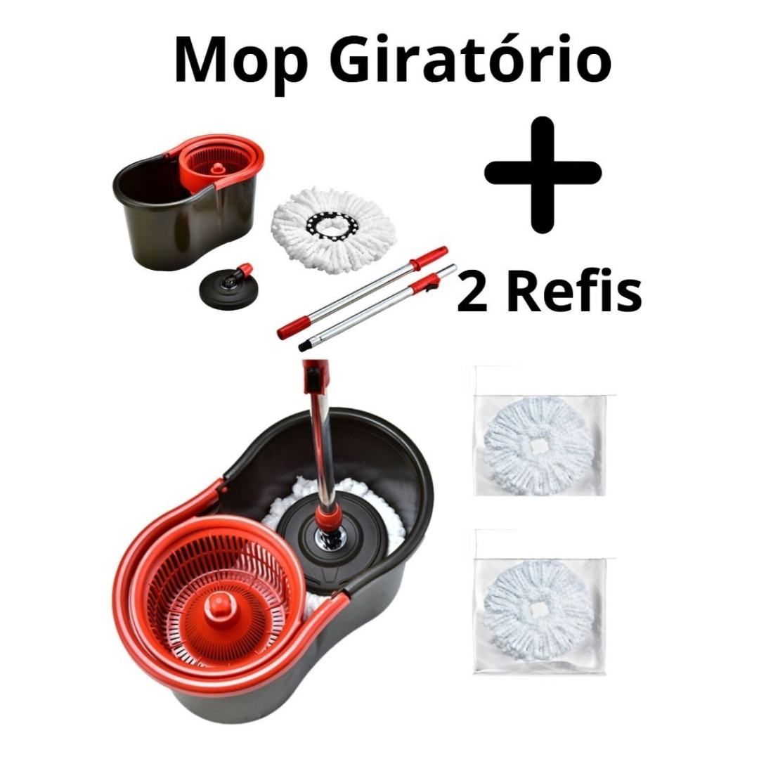 Mop Giratorio Com cabo Cesto Em Inox Balde Centrífuga E Rodinhas - Com 2 Refil