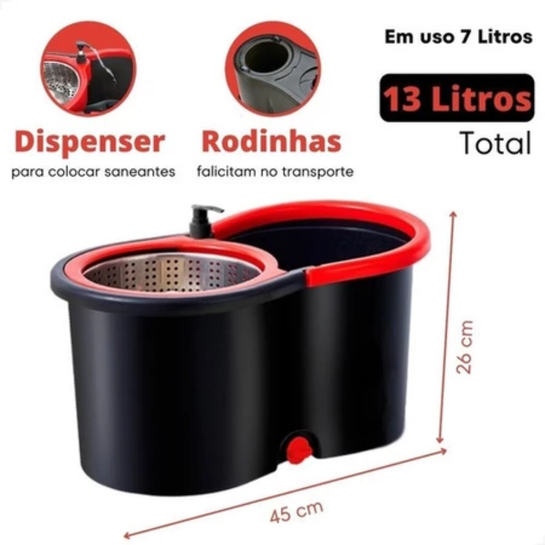 Mop Giratorio Com cabo Cesto Em Inox Balde Centrífuga E Rodinhas - Com 2 Refil