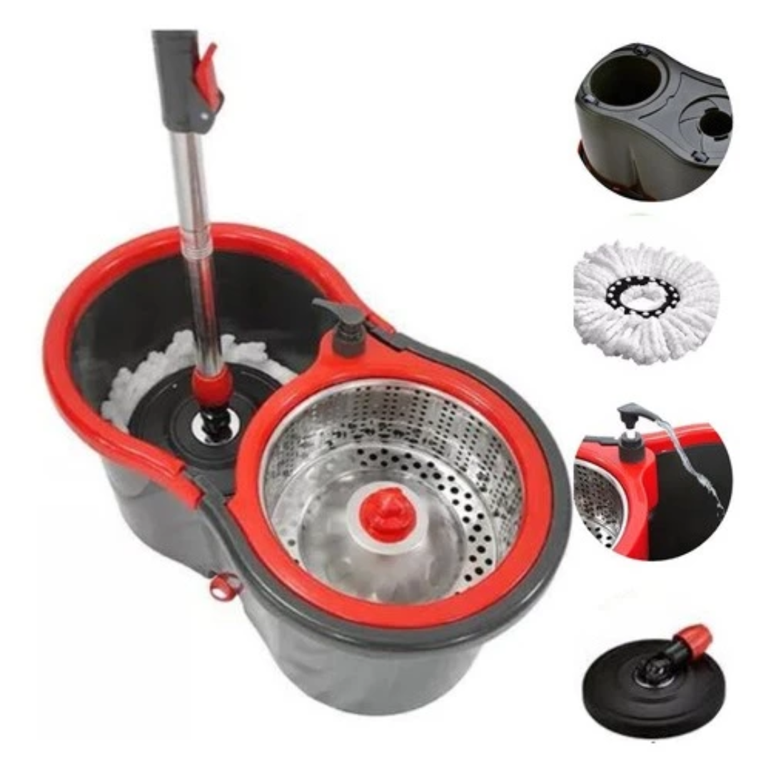 Mop Giratorio Com cabo Cesto Em Inox Balde Centrífuga E Rodinhas - Com 2 Refil