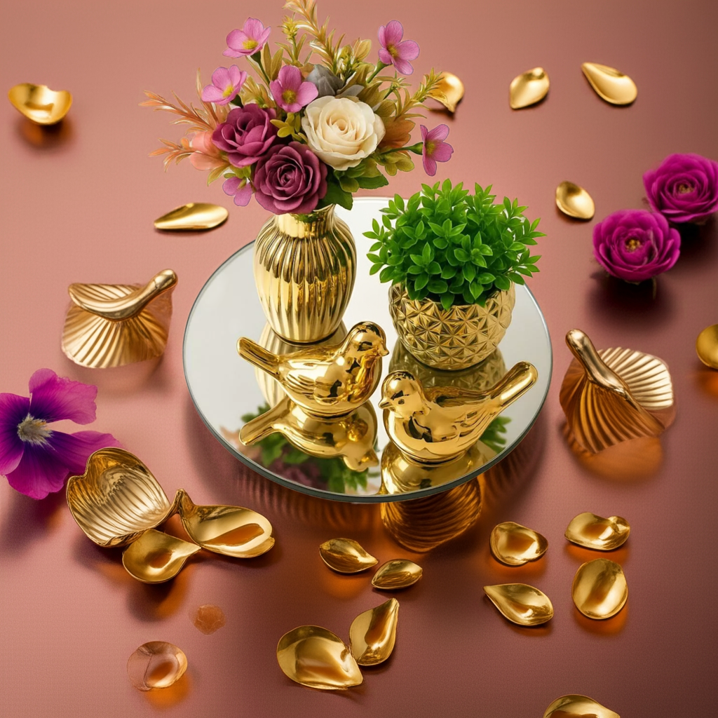 Kit Decoração Mesa Centro com Vaso Dourado com Flores
