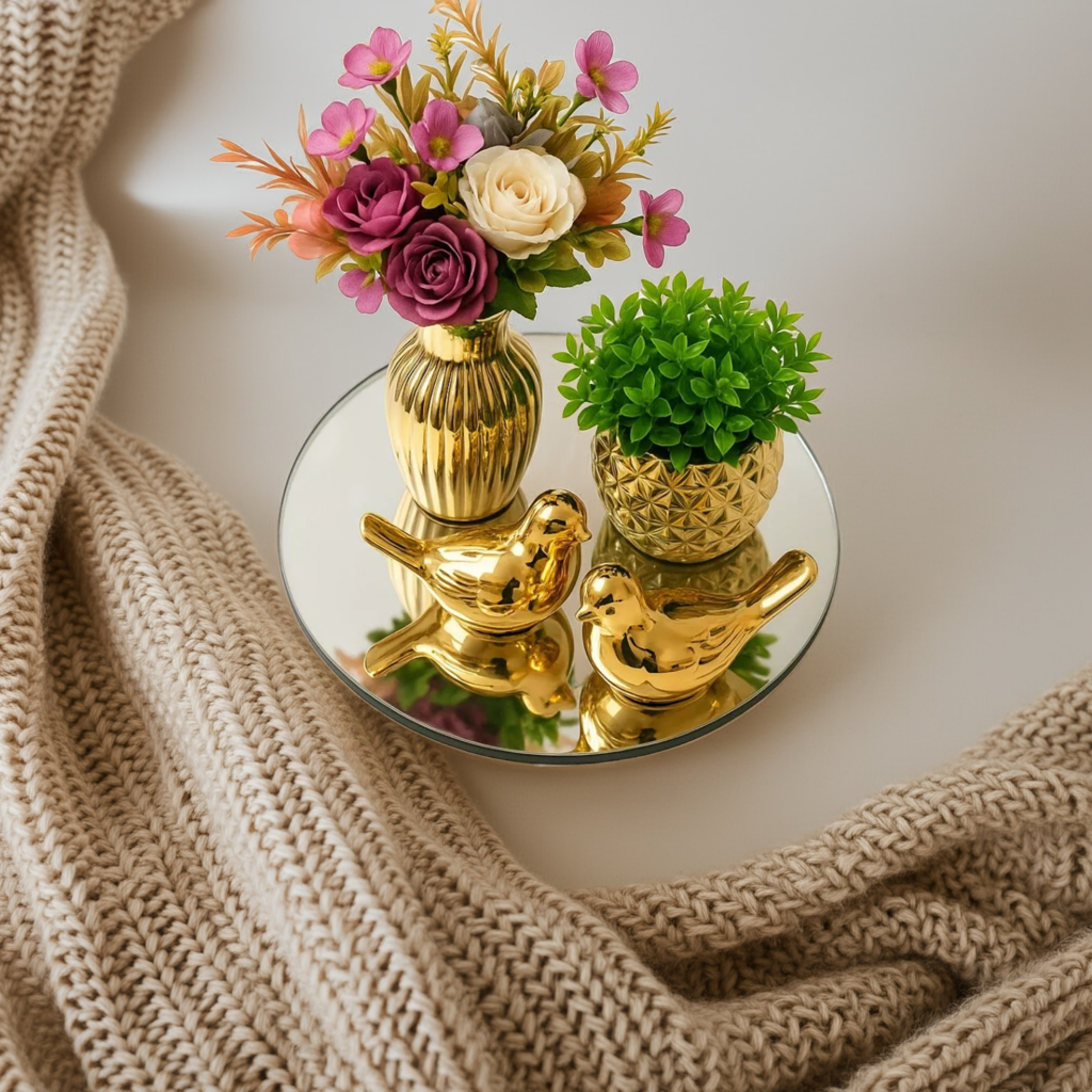 Kit Decoração Mesa Centro com Vaso Dourado com Flores