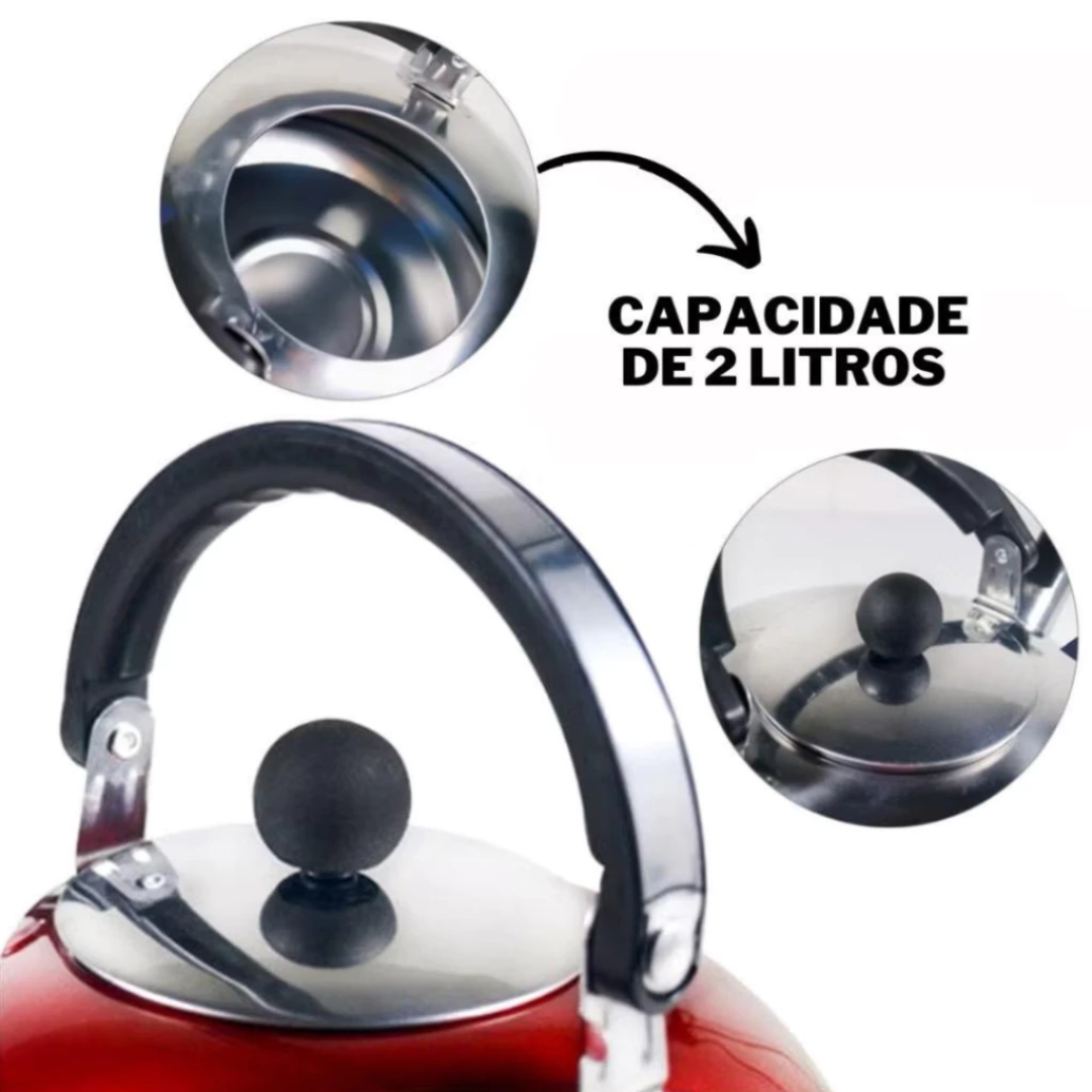 Chaleira Inox 2L com Tampa Alça Térmica e Apito para Café Chá Bebidas Premium