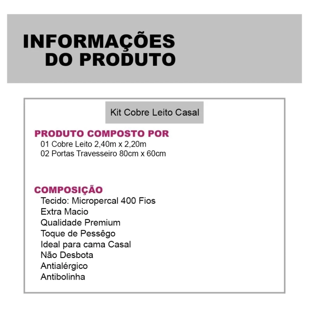 Kit Colcha Cobre Leito Casal Queen Size Percal 400 Fios Dupla Face 3 Peças  Aba Americana