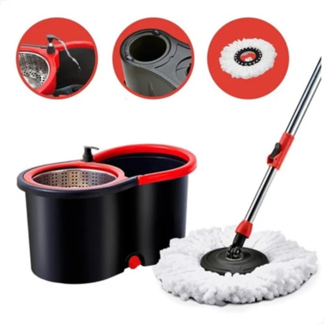 Mop Giratorio Com cabo Cesto Em Inox Balde Centrífuga E Rodinhas - Com 2 Refil